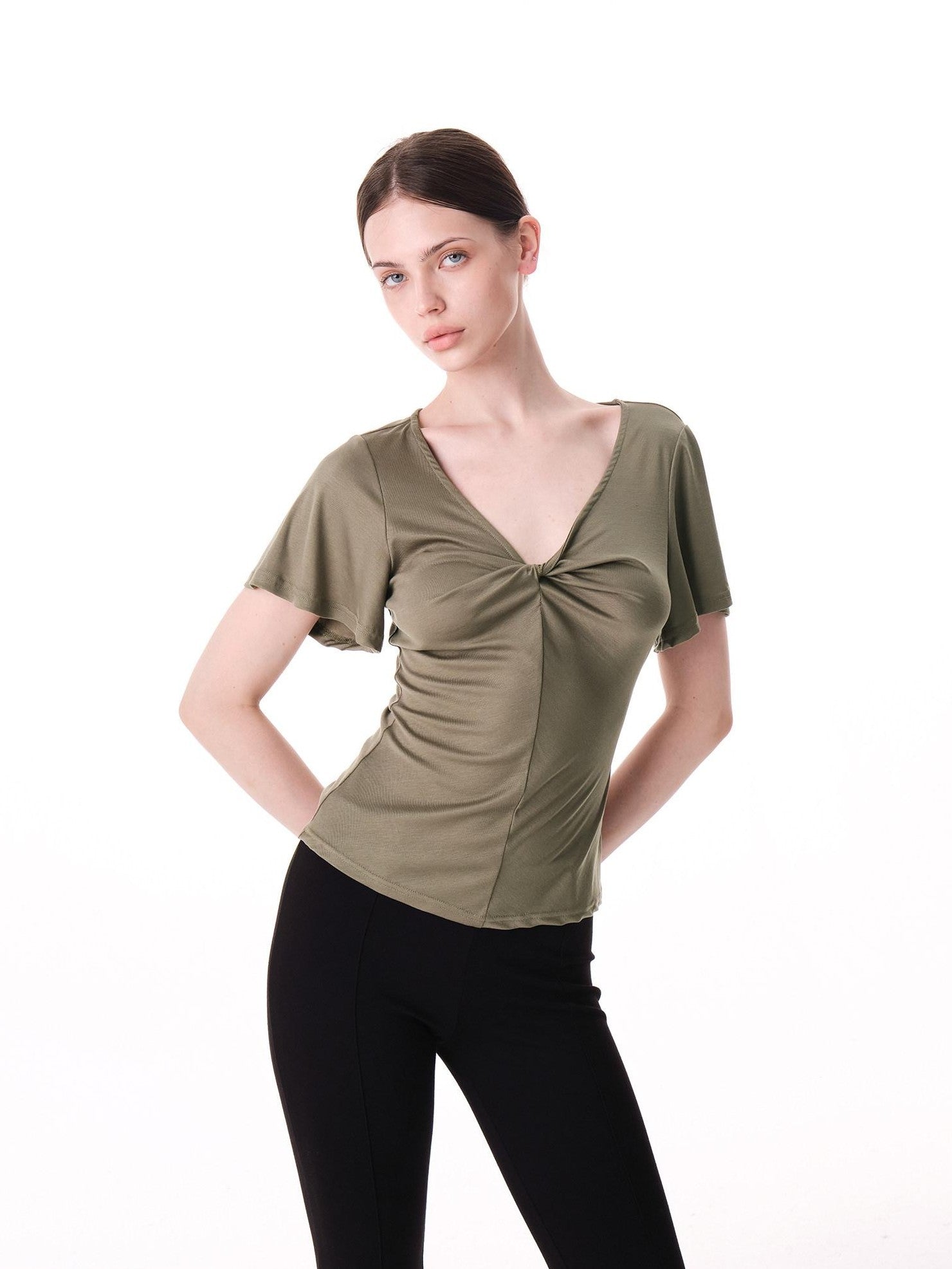 innerflow Pink Green Twist Knot V-neck Ruched Waist Women&