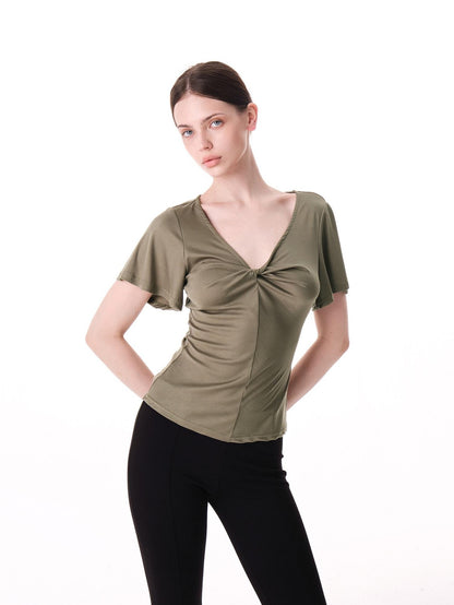 innerflow Pink Green Twist Knot V-neck Ruched Waist Women&