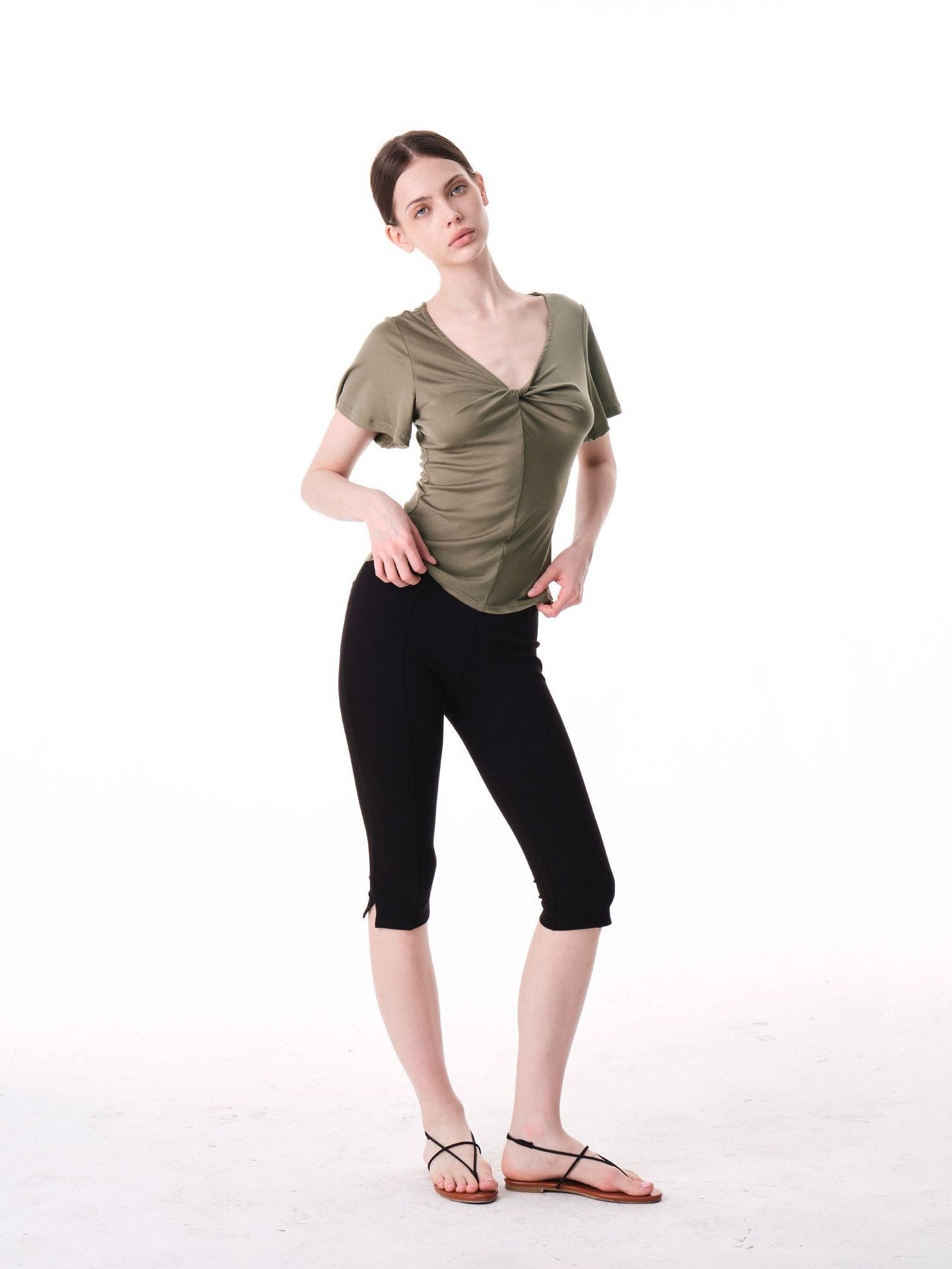 innerflow Pink Green Twist Knot V-neck Ruched Waist Women&