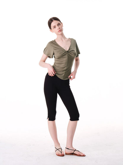 innerflow Pink Green Twist Knot V-neck Ruched Waist Women&