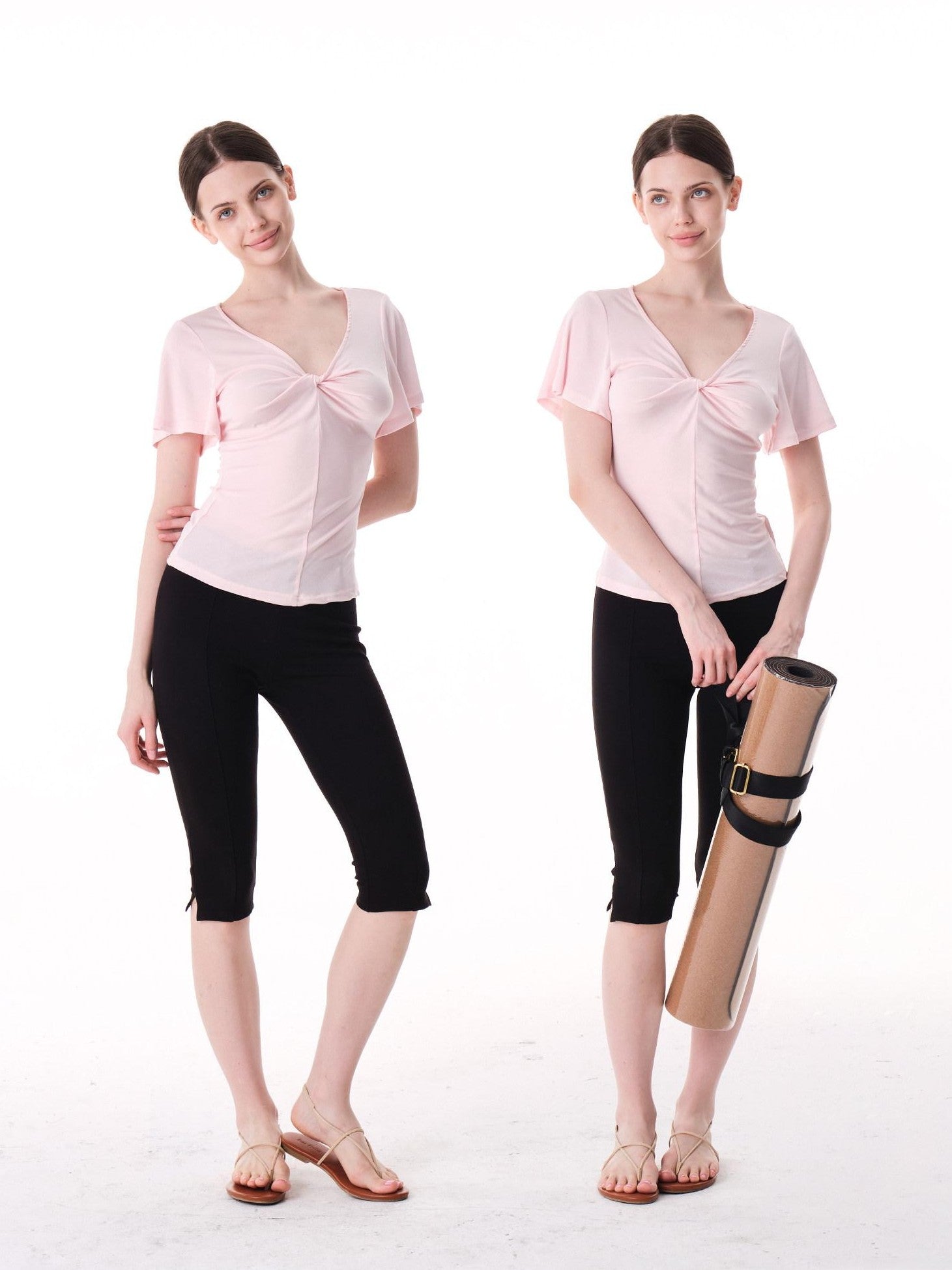 innerflow Pink Green Twist Knot V-neck Ruched Waist Women&