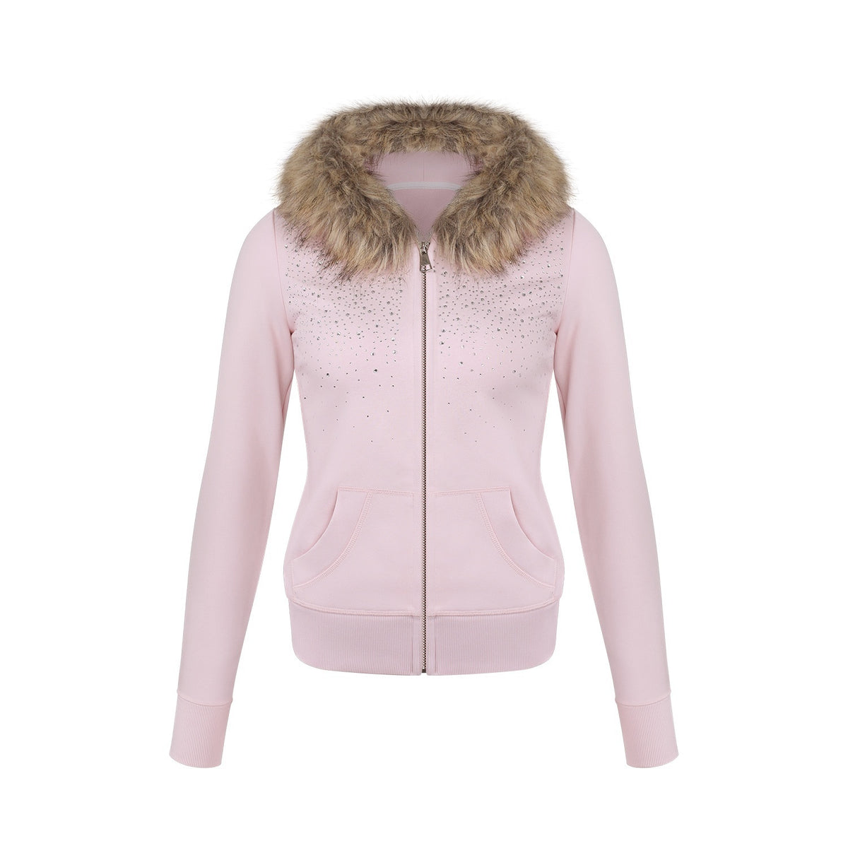 innerflow_Pink_Slim_Waist_Fur_Collar_Rhinestone_Hooded_Women&