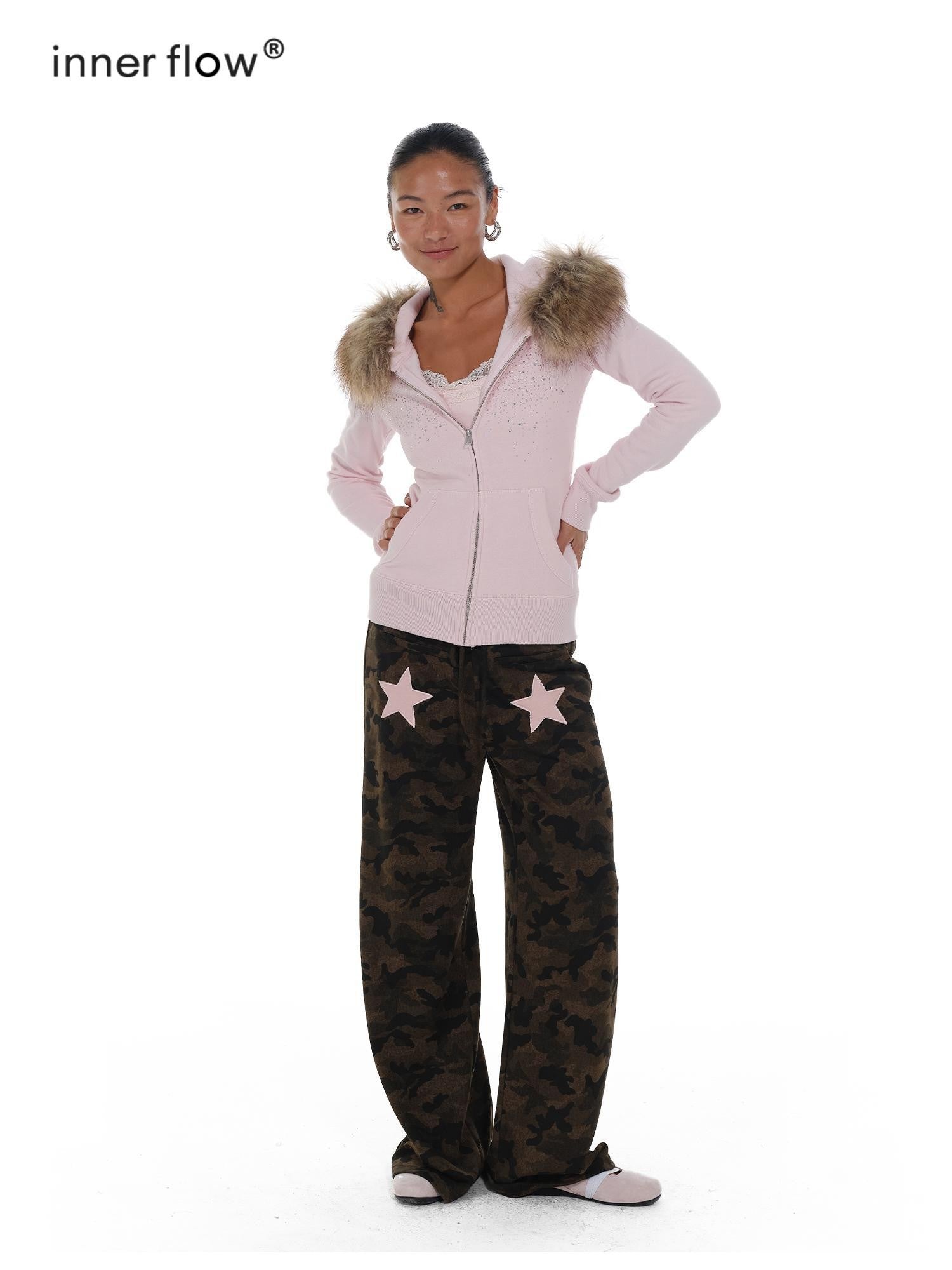 innerflow Pink Slim Waist Fur Collar Rhinestone Hooded Women&