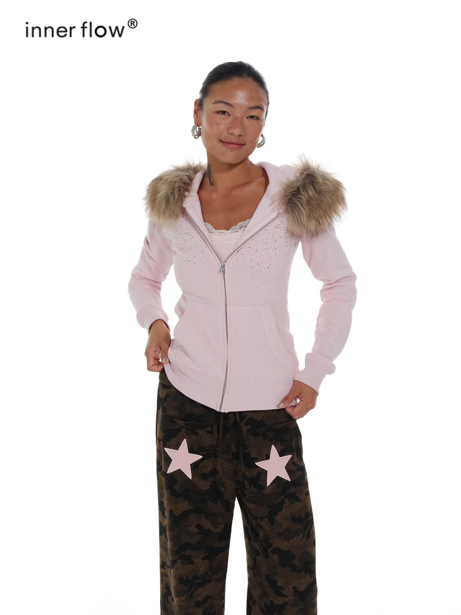 innerflow Pink Slim Waist Fur Collar Rhinestone Hooded Women&