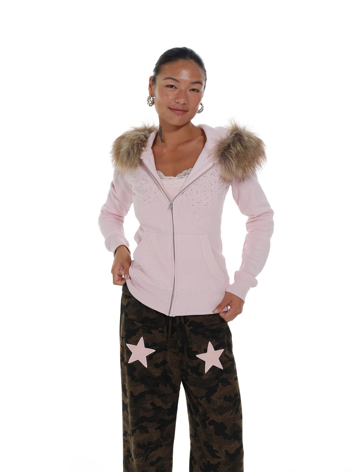 innerflow Pink Slim Waist Fur Collar Rhinestone Hooded Women&