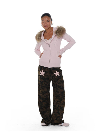 innerflow Pink Slim Waist Fur Collar Rhinestone Hooded Women&