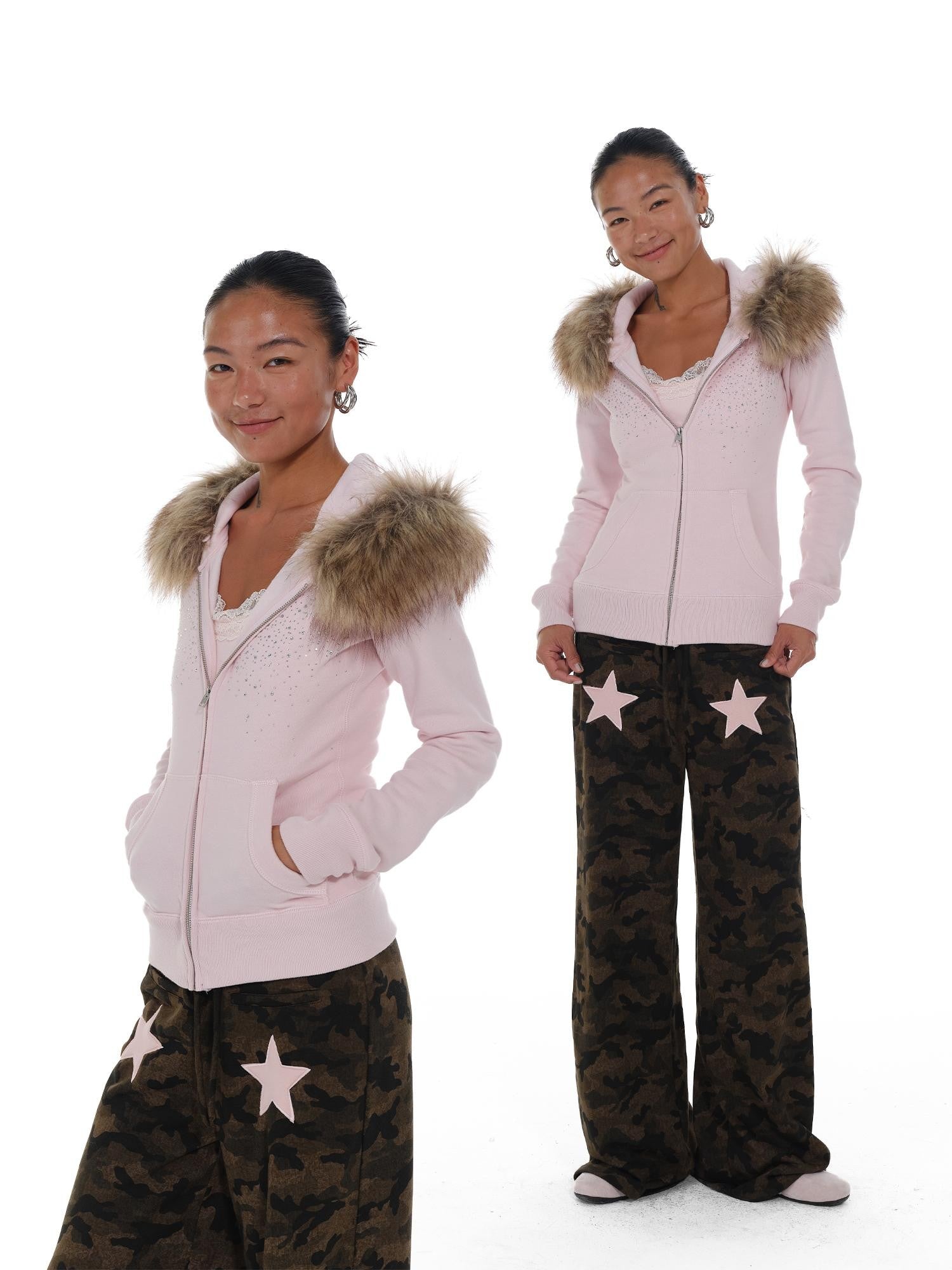 innerflow Pink Slim Waist Fur Collar Rhinestone Hooded Women&
