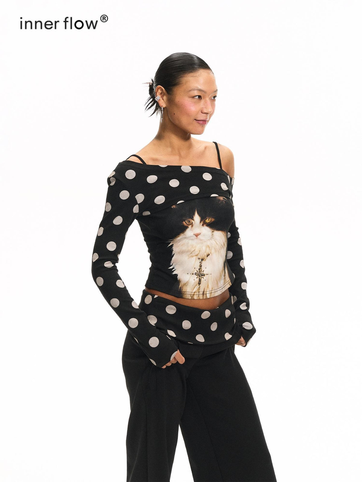 innerflow Polka Dot Cat Print Off Shoulder Long Sleeve Women&