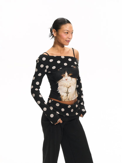 innerflow Polka Dot Cat Print Off Shoulder Long Sleeve Women&