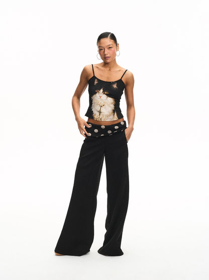 innerflow Polka Dot Cat Print Off Shoulder Long Sleeve Women&
