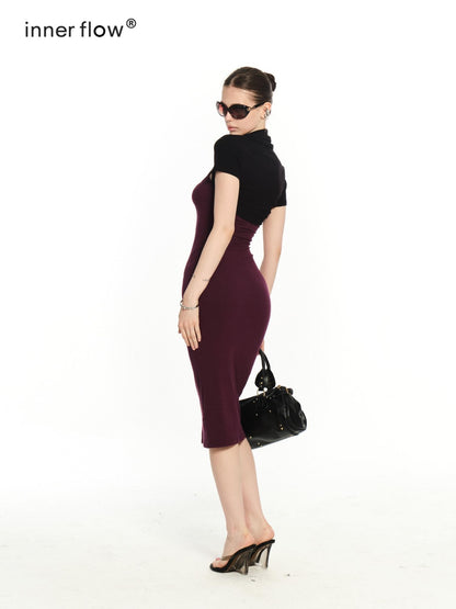 innerflow Purple Lace Black Cardigan Two Piece Women&