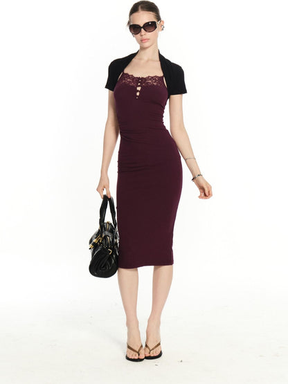 innerflow Purple Lace Black Cardigan Two Piece Women&