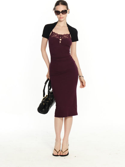 innerflow Purple Lace Black Cardigan Two Piece Women&