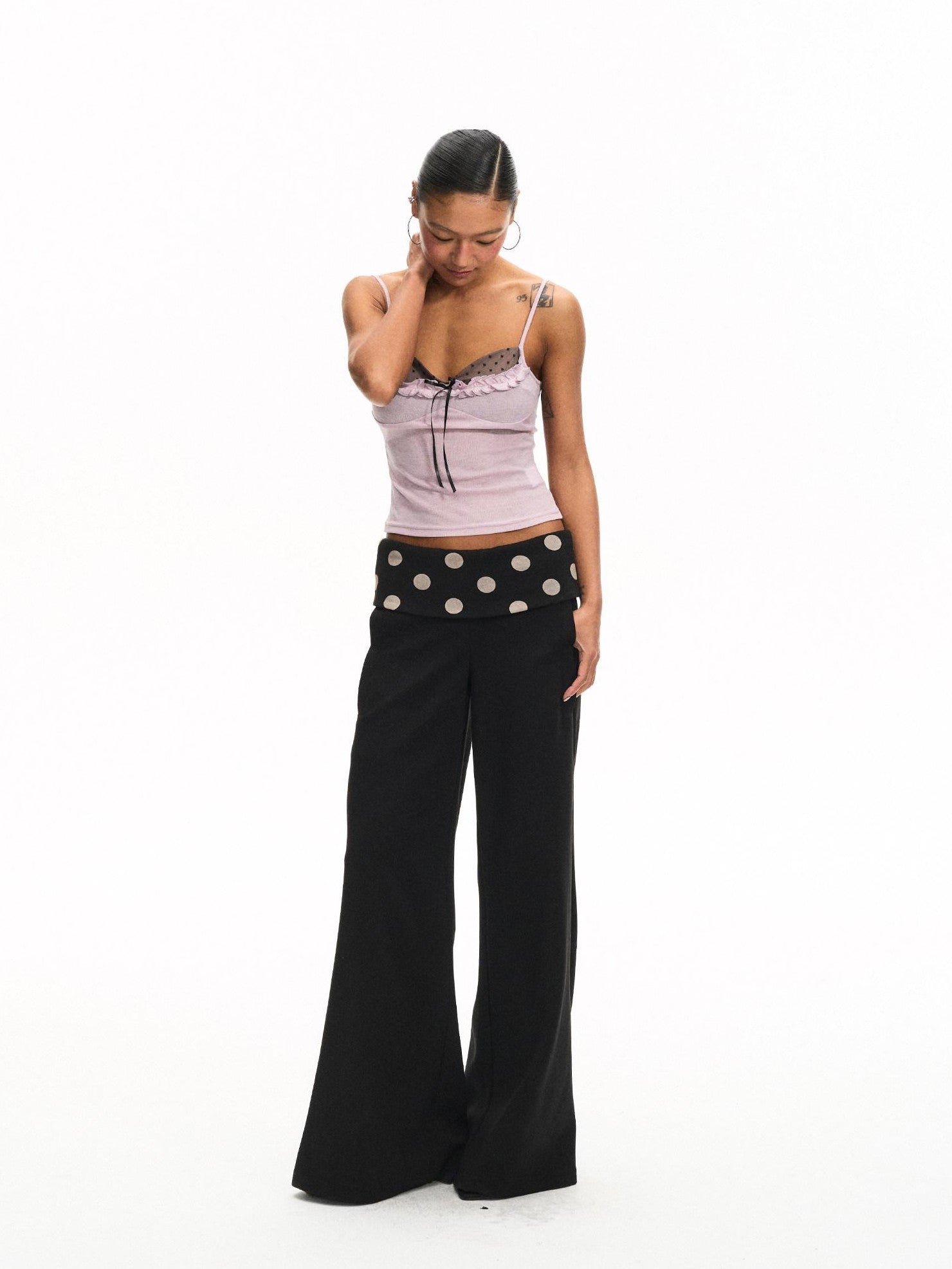 innerflow Purple Polka Dot Patchwork Ruffle V-neck Women&