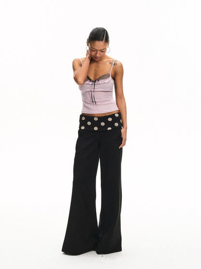 innerflow Purple Polka Dot Patchwork Ruffle V-neck Women&