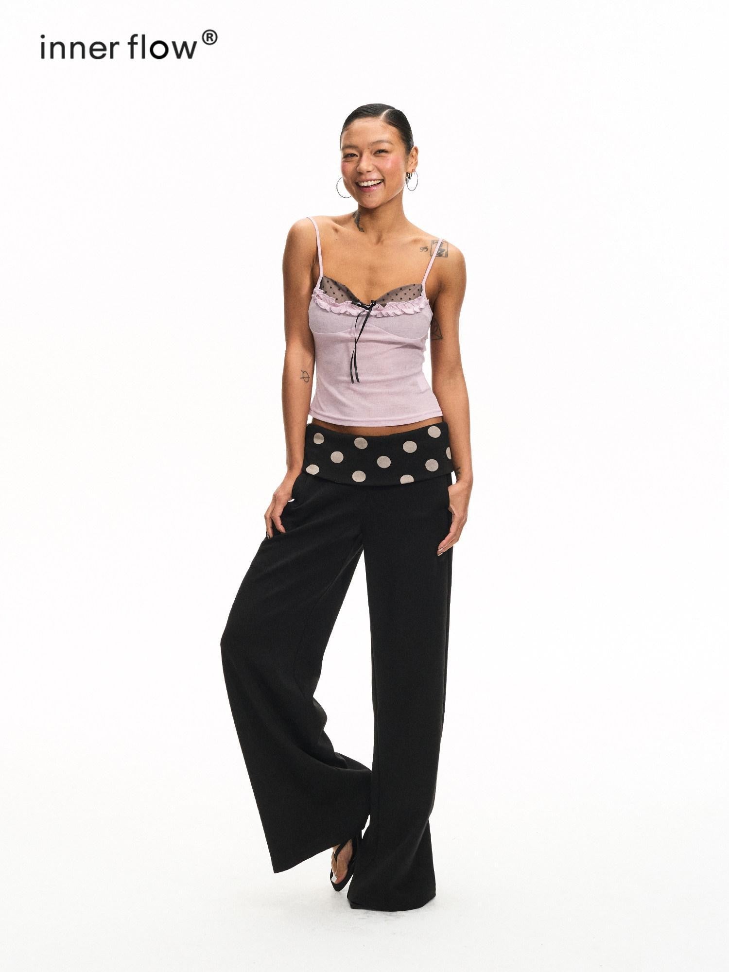 innerflow Purple Polka Dot Patchwork Ruffle V-neck Women&