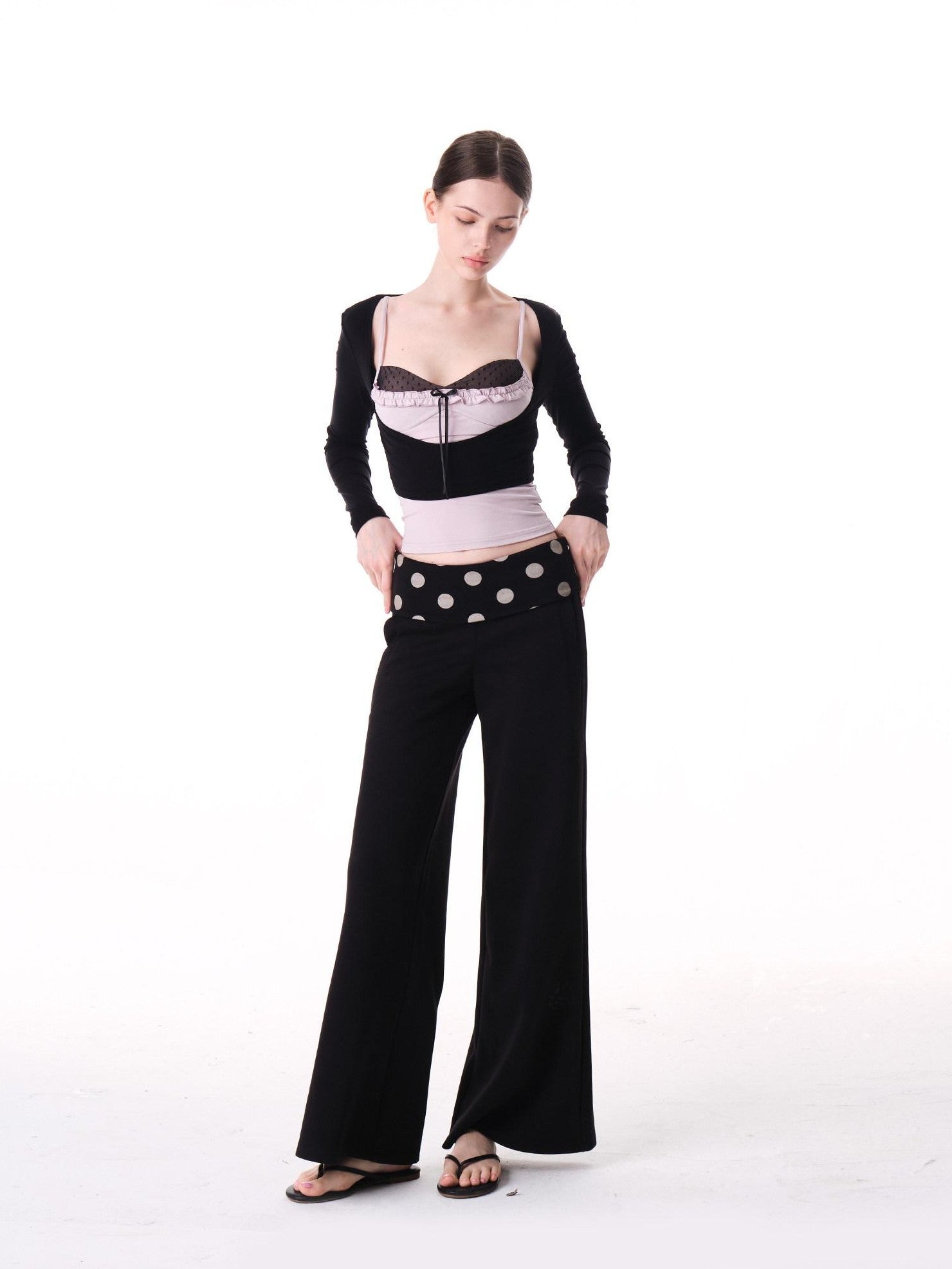innerflow Purple Polka Dot Patchwork Ruffle V-neck Women&
