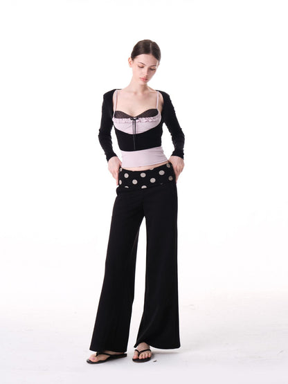 innerflow Purple Polka Dot Patchwork Ruffle V-neck Women&