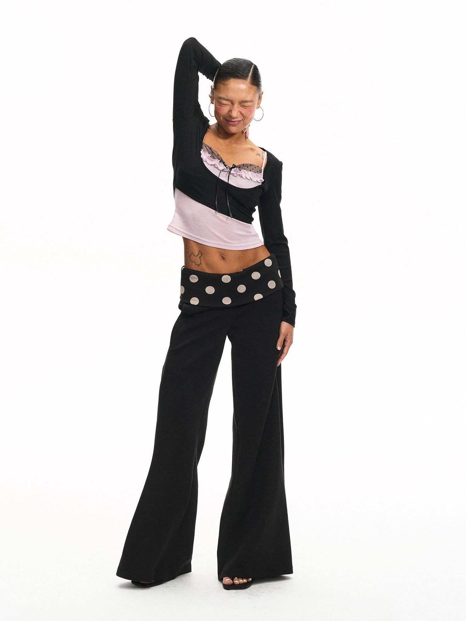 innerflow Purple Polka Dot Patchwork Ruffle V-neck Women&