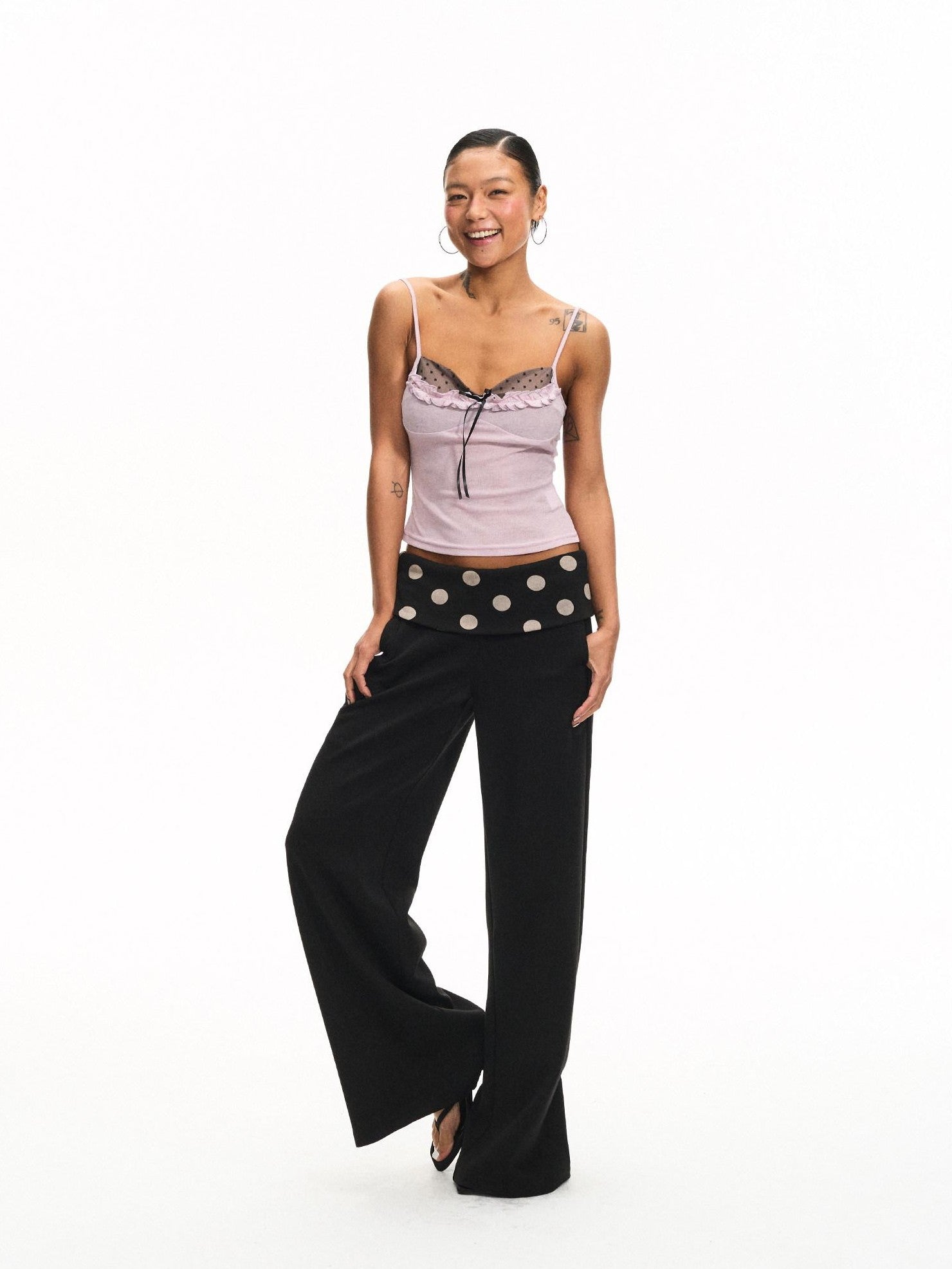 innerflow Purple Polka Dot Patchwork Ruffle V-neck Women&