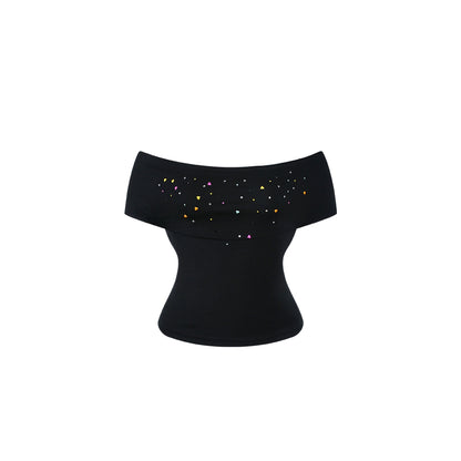 innerflow_Rhinestone_Off_Shoulder_Halter_Slim_Fit_Short_Sleeve_Cotton_Women&