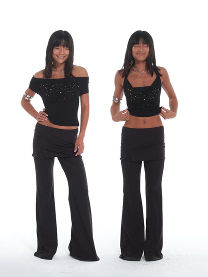 innerflow Rhinestone Off Shoulder Halter Slim Fit Short Sleeve Cotton Women&