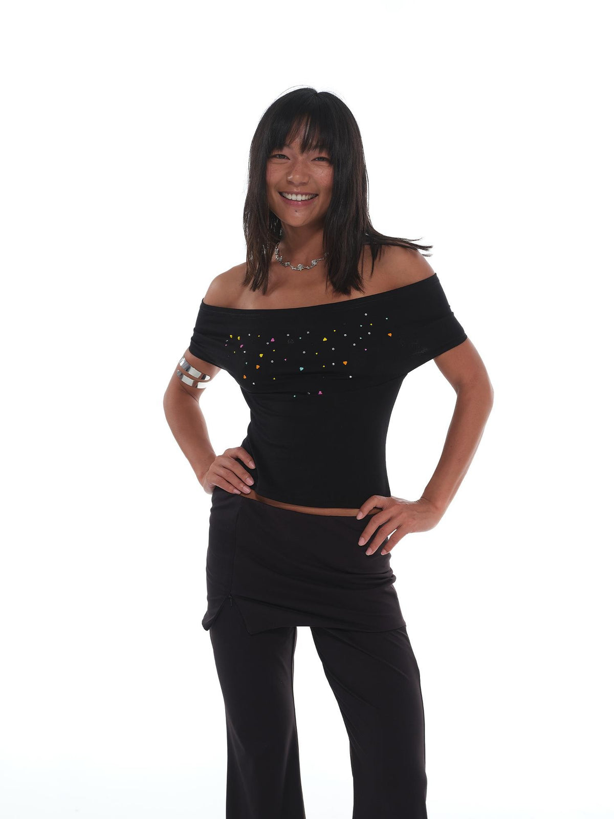 innerflow Rhinestone Off Shoulder Halter Slim Fit Short Sleeve Cotton Women&