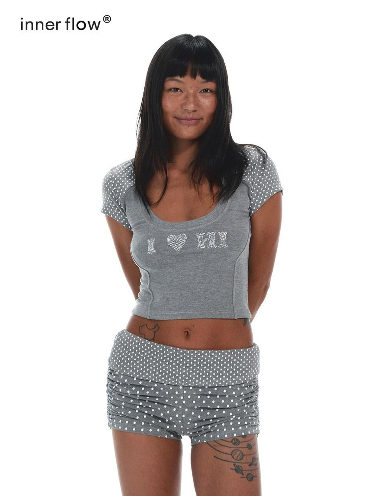 innerflow Rhinestone Spliced Polka Dot Women&