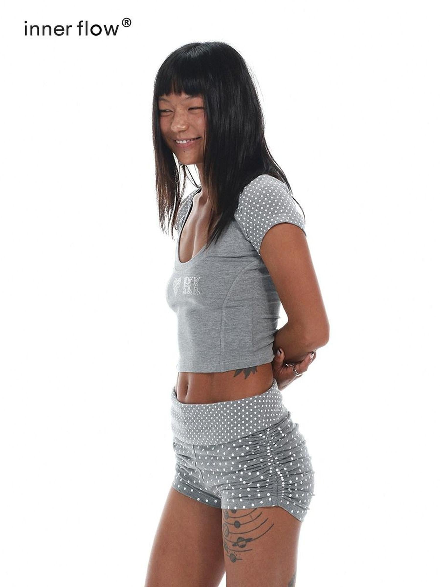 innerflow Rhinestone Spliced Polka Dot Women&