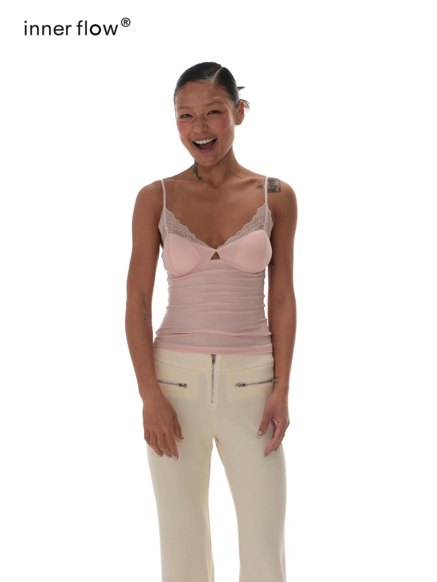 innerflow Sheer Lace Trim V-neck Women&