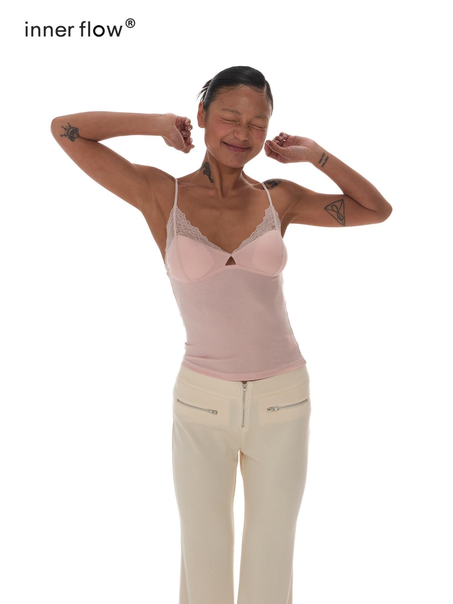 innerflow Sheer Lace Trim V-neck Women&