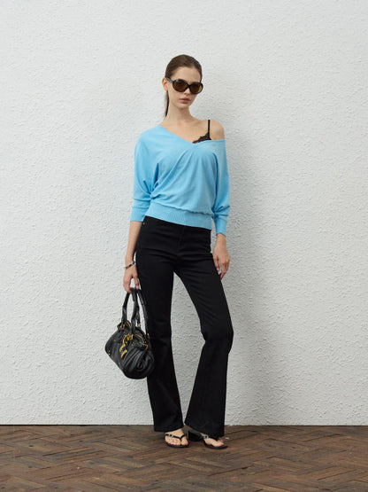 innerflow Slouchy Lace V-neck Asymmetric Shoulder Women&