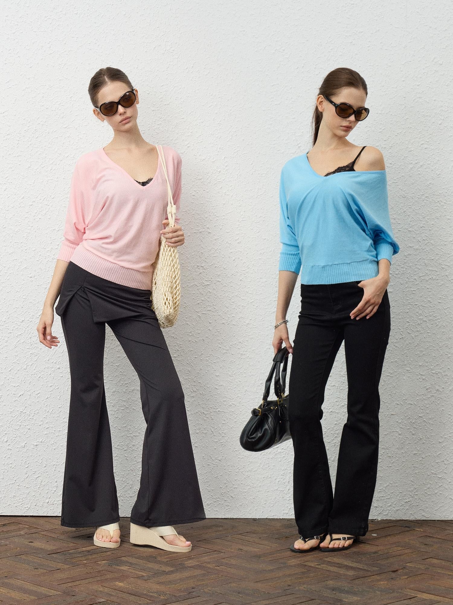 innerflow Slouchy Lace V-neck Asymmetric Shoulder Women&