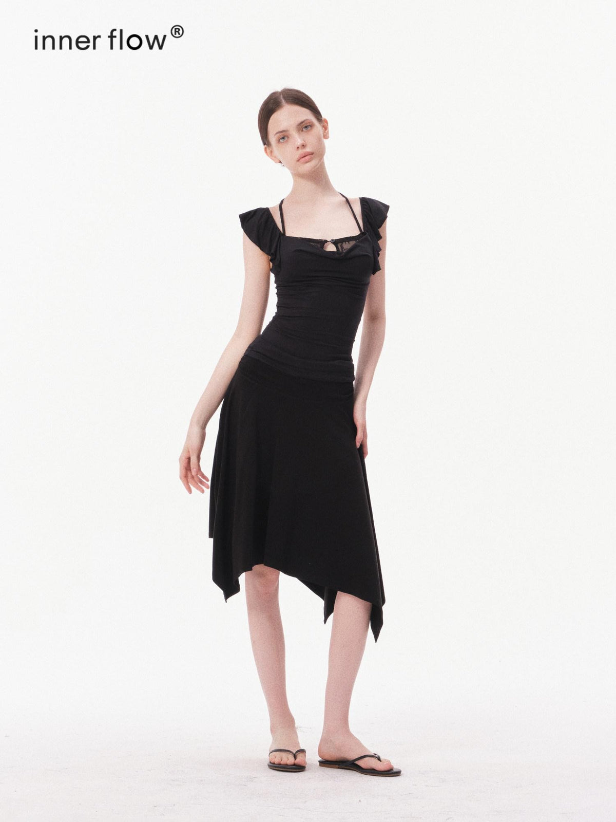 innerflow Solid Lace Flutter Sleeve Women&