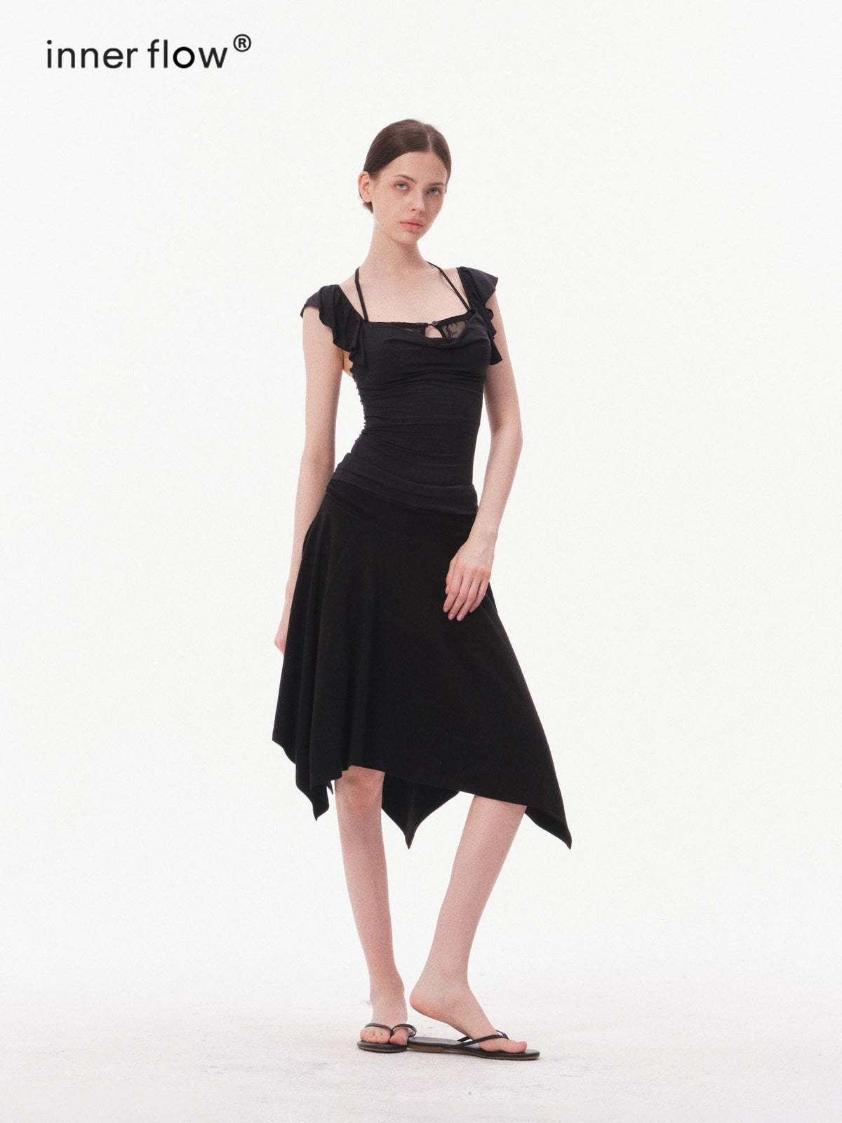 innerflow Solid Lace Flutter Sleeve Women&