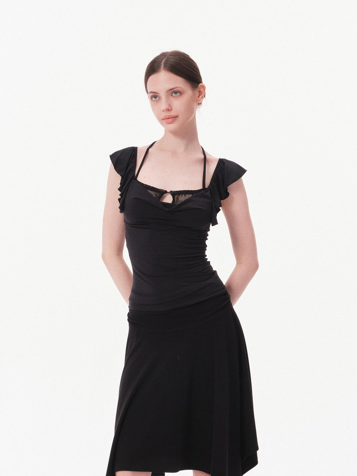 innerflow Solid Lace Flutter Sleeve Women&