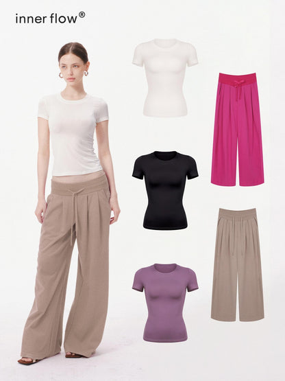 innerflow Solid Slim Short Sleeve Tee Wide Leg Pants Women&
