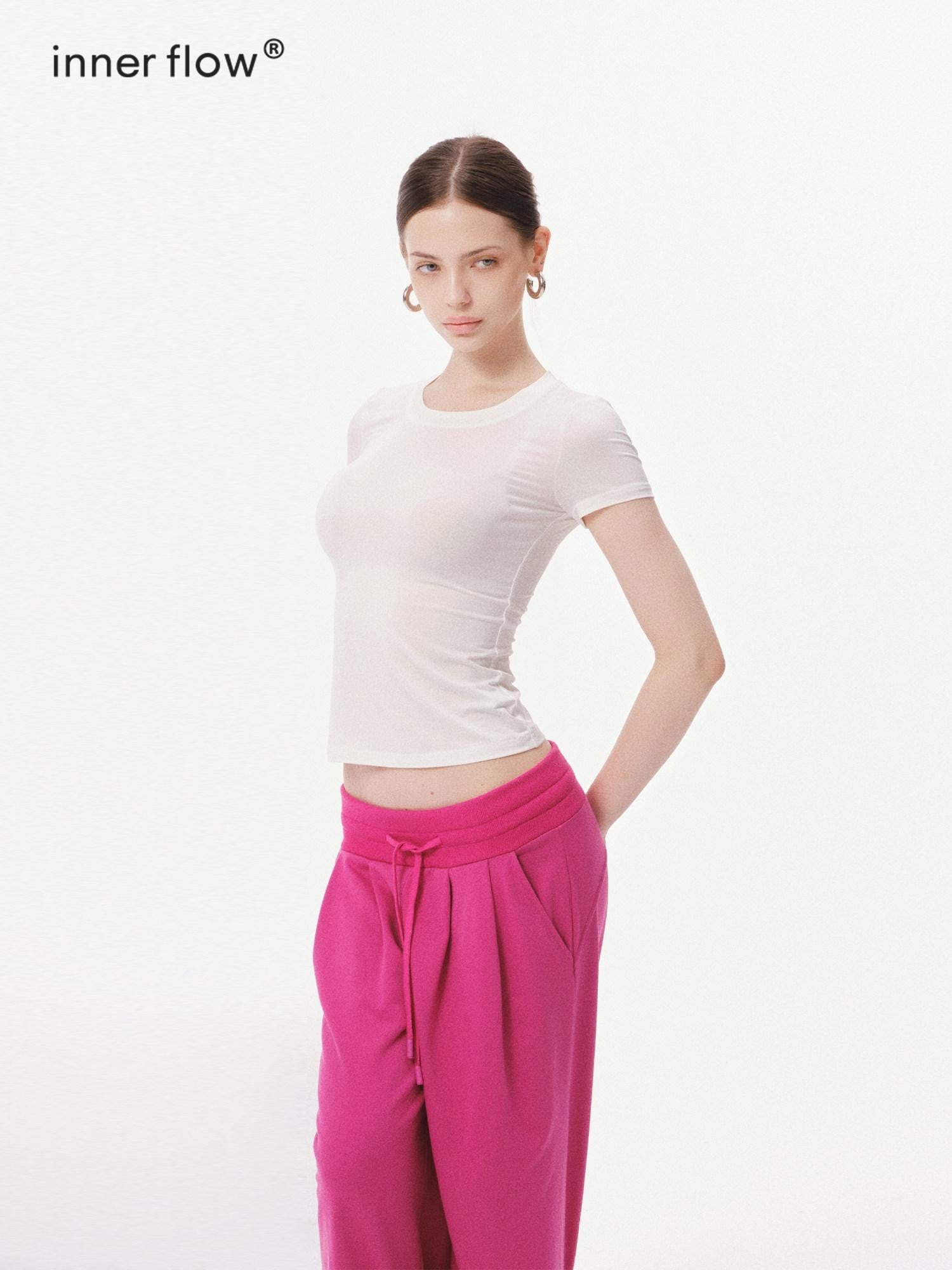 innerflow Solid Slim Short Sleeve Tee Wide Leg Pants Women&