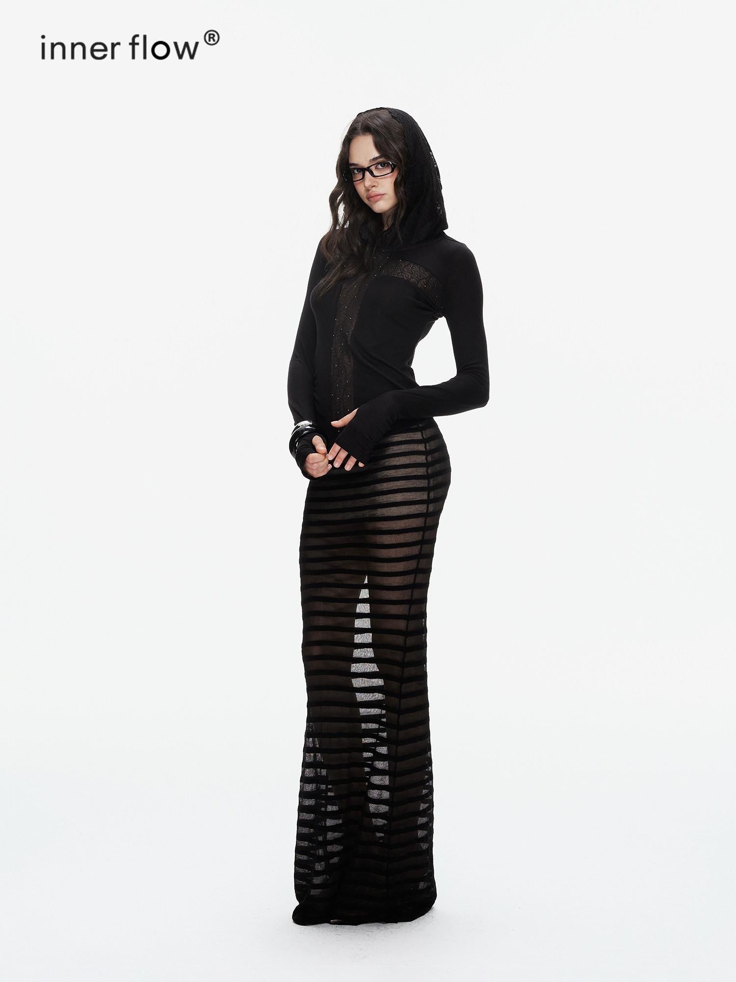 innerflow Striped Cross Lace Splice Hooded Slim Fit Women&