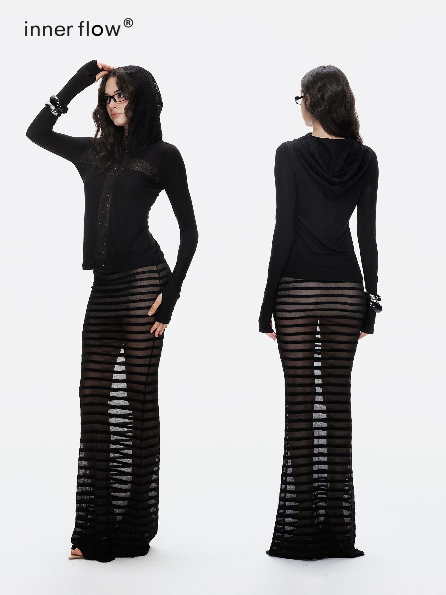 innerflow Striped Cross Lace Splice Hooded Slim Fit Women&