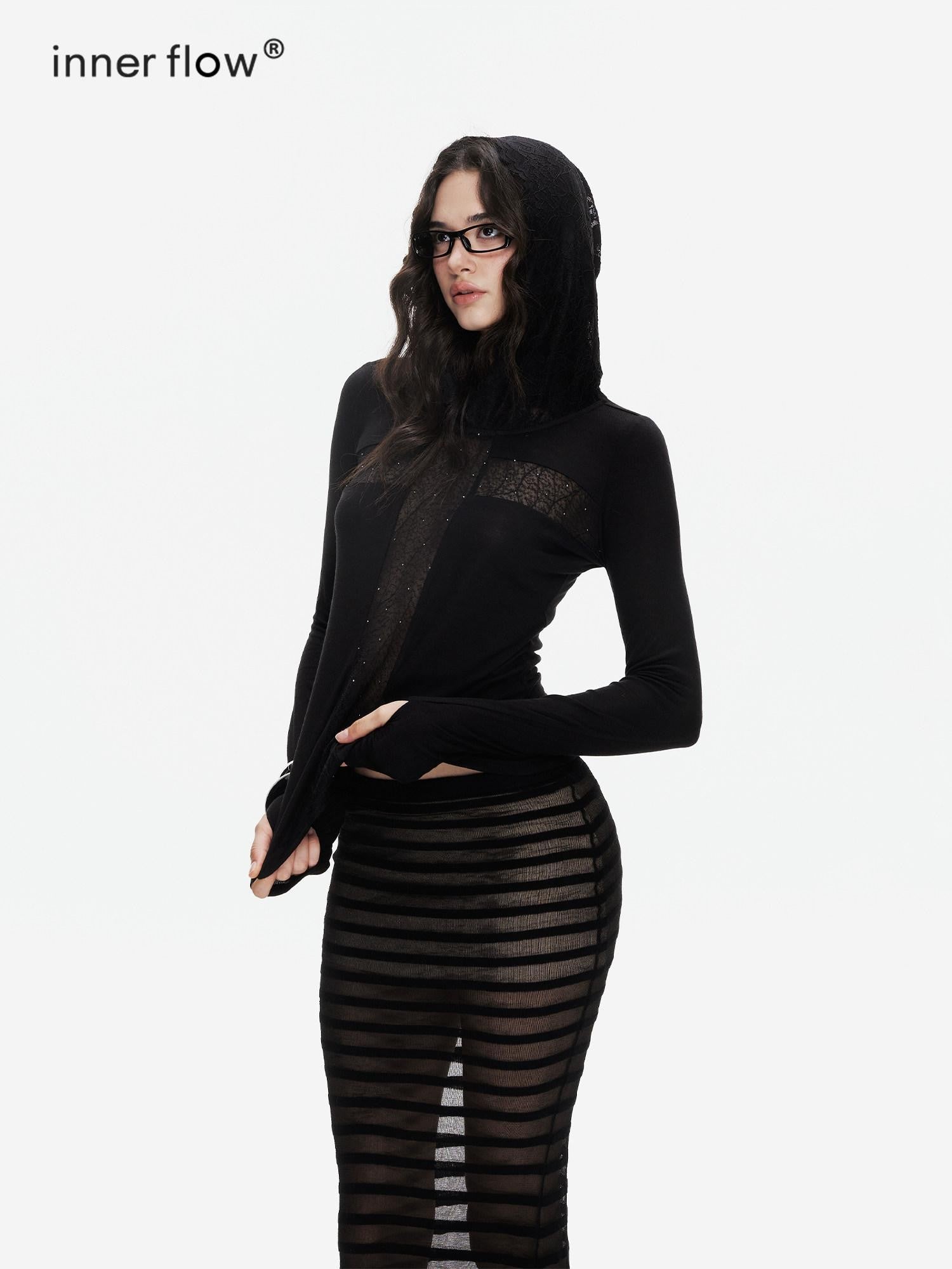innerflow Striped Cross Lace Splice Hooded Slim Fit Women&