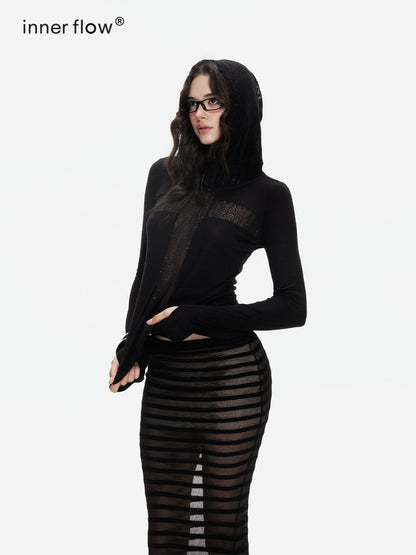 innerflow Striped Cross Lace Splice Hooded Slim Fit Women&