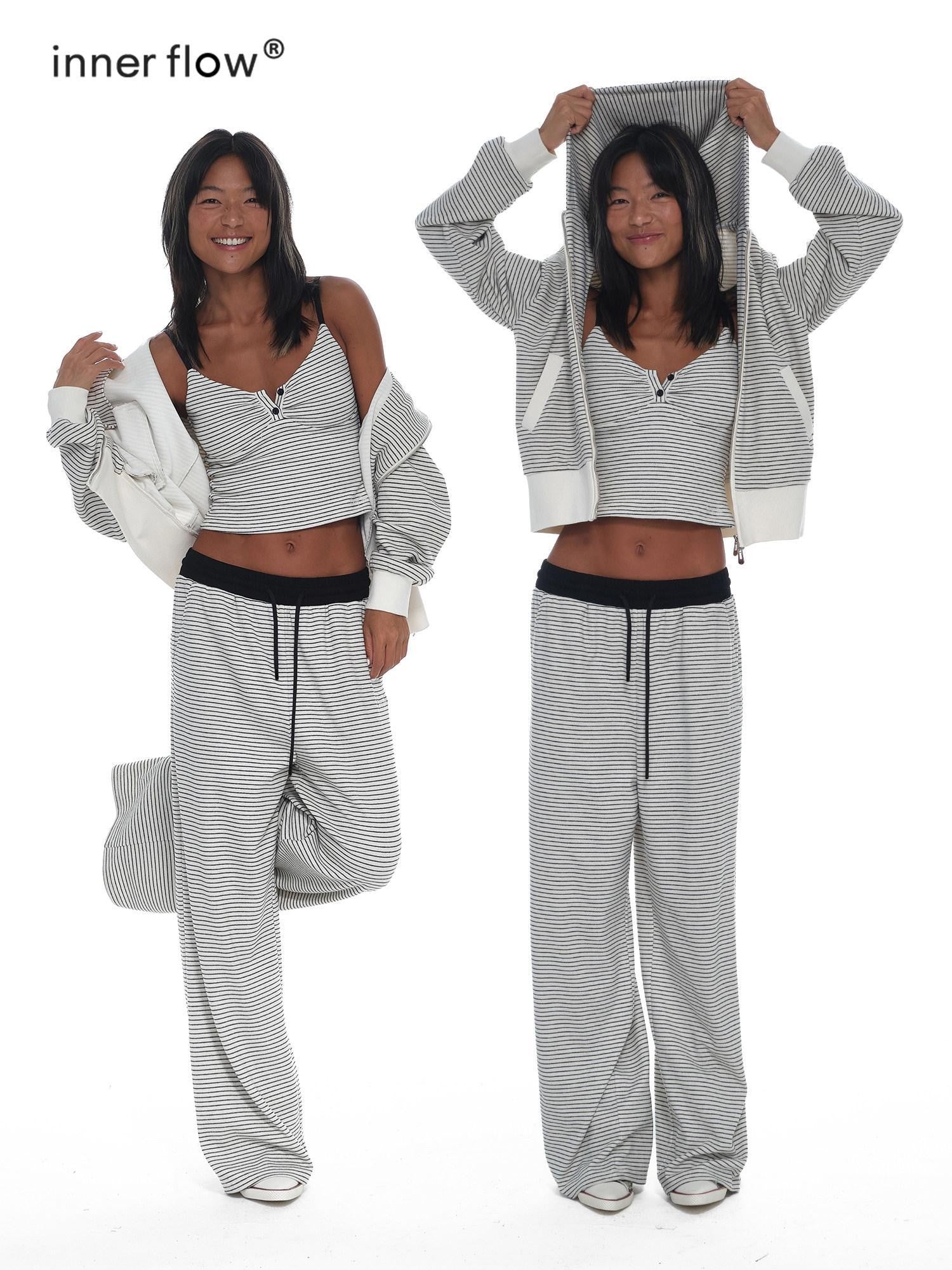 innerflow Striped Loose Fit Cami And Jacket High Waist Long Pants Women&