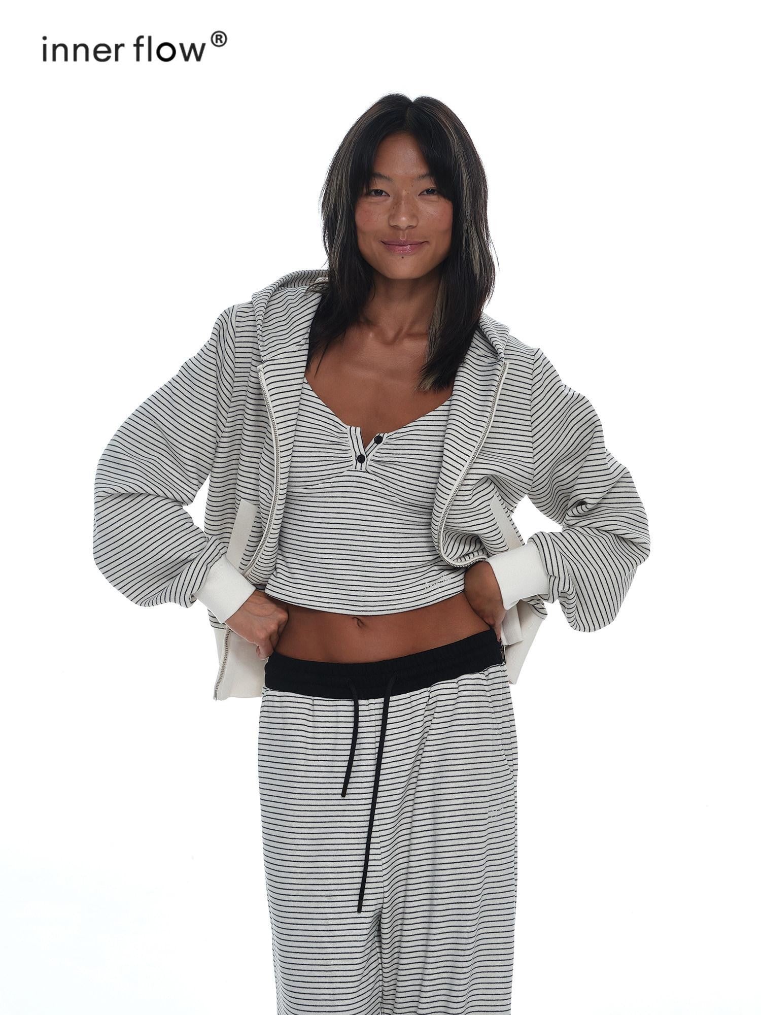 innerflow Striped Loose Fit Cami And Jacket High Waist Long Pants Women&