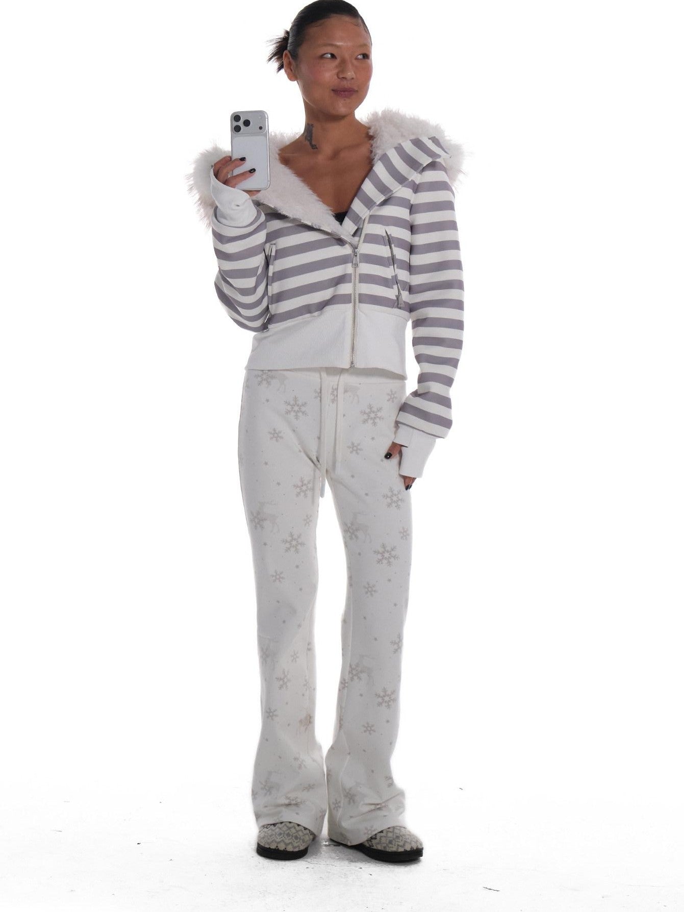 innerflow Striped Quilted Cropped Fur Collar Vintage Women&