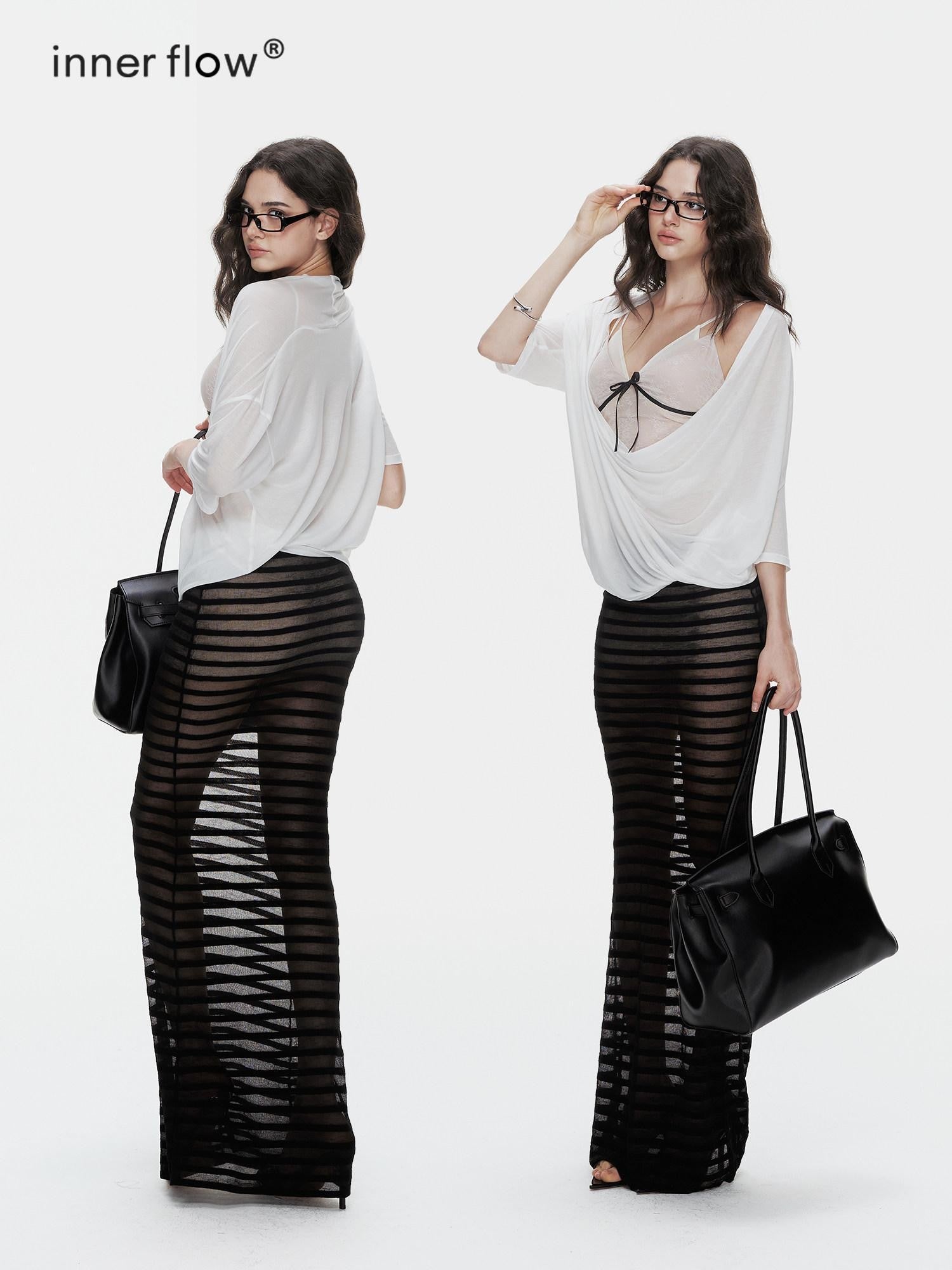 innerflow Striped Sheer U Neck Camisole Pencil Skirt Women&