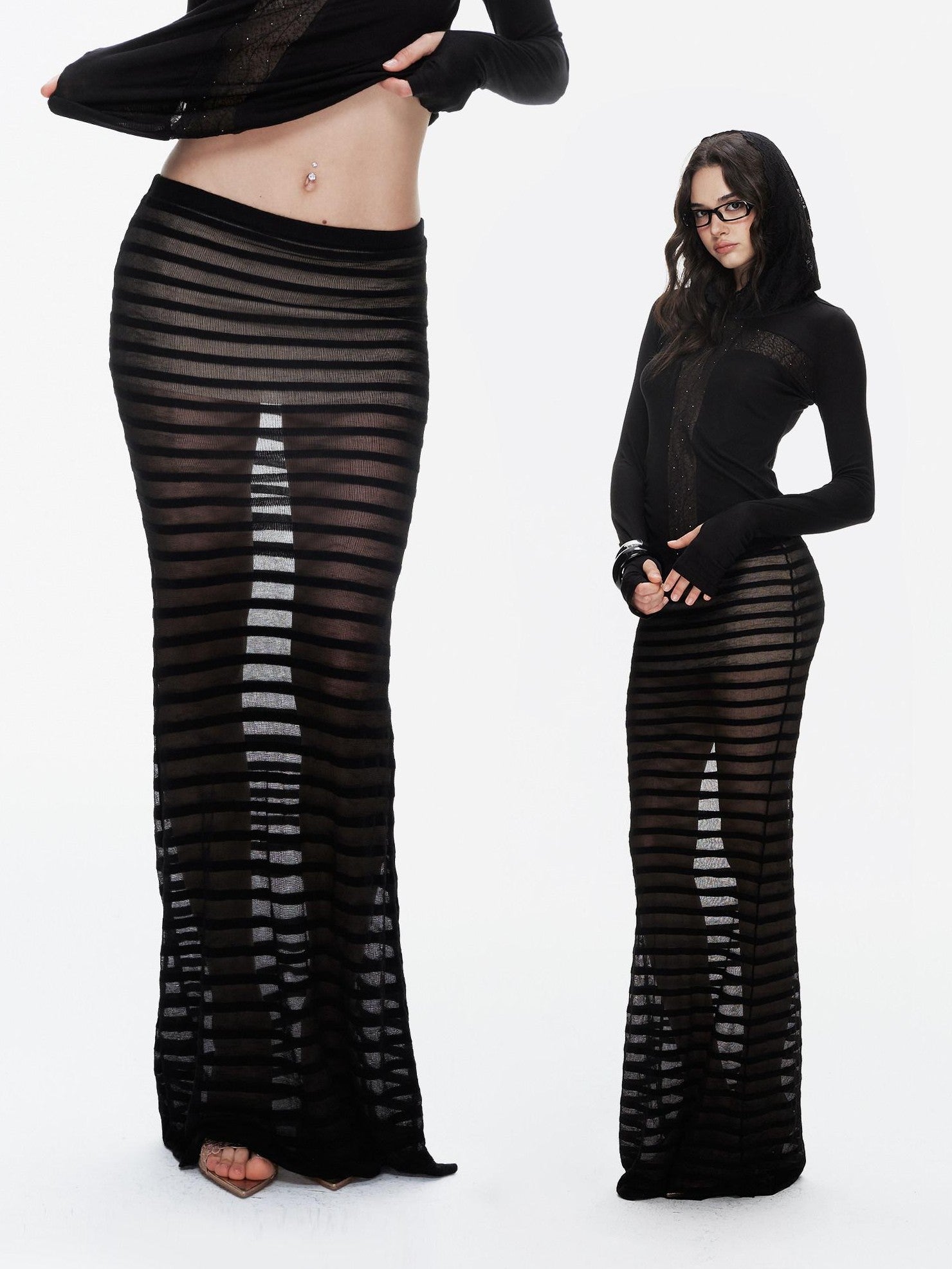 innerflow Striped Sheer U Neck Camisole Pencil Skirt Women&