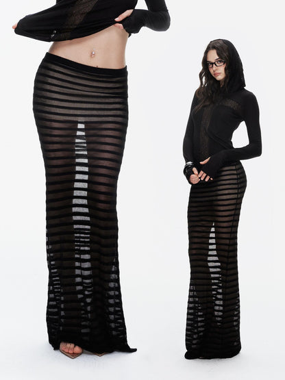 innerflow Striped Sheer U Neck Camisole Pencil Skirt Women&