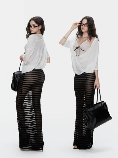 innerflow Striped Sheer U Neck Camisole Pencil Skirt Women&
