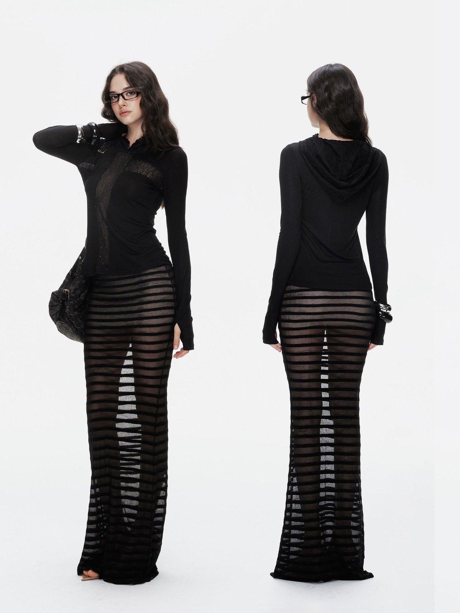 innerflow Striped Sheer U Neck Camisole Pencil Skirt Women&